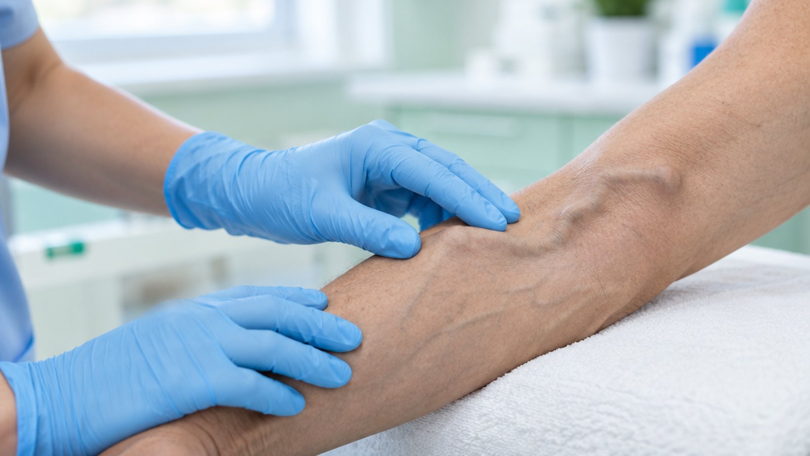 護理人員戴著藍色手套，輕觸腎友手臂上的動靜脈廔管，確認血流震顫